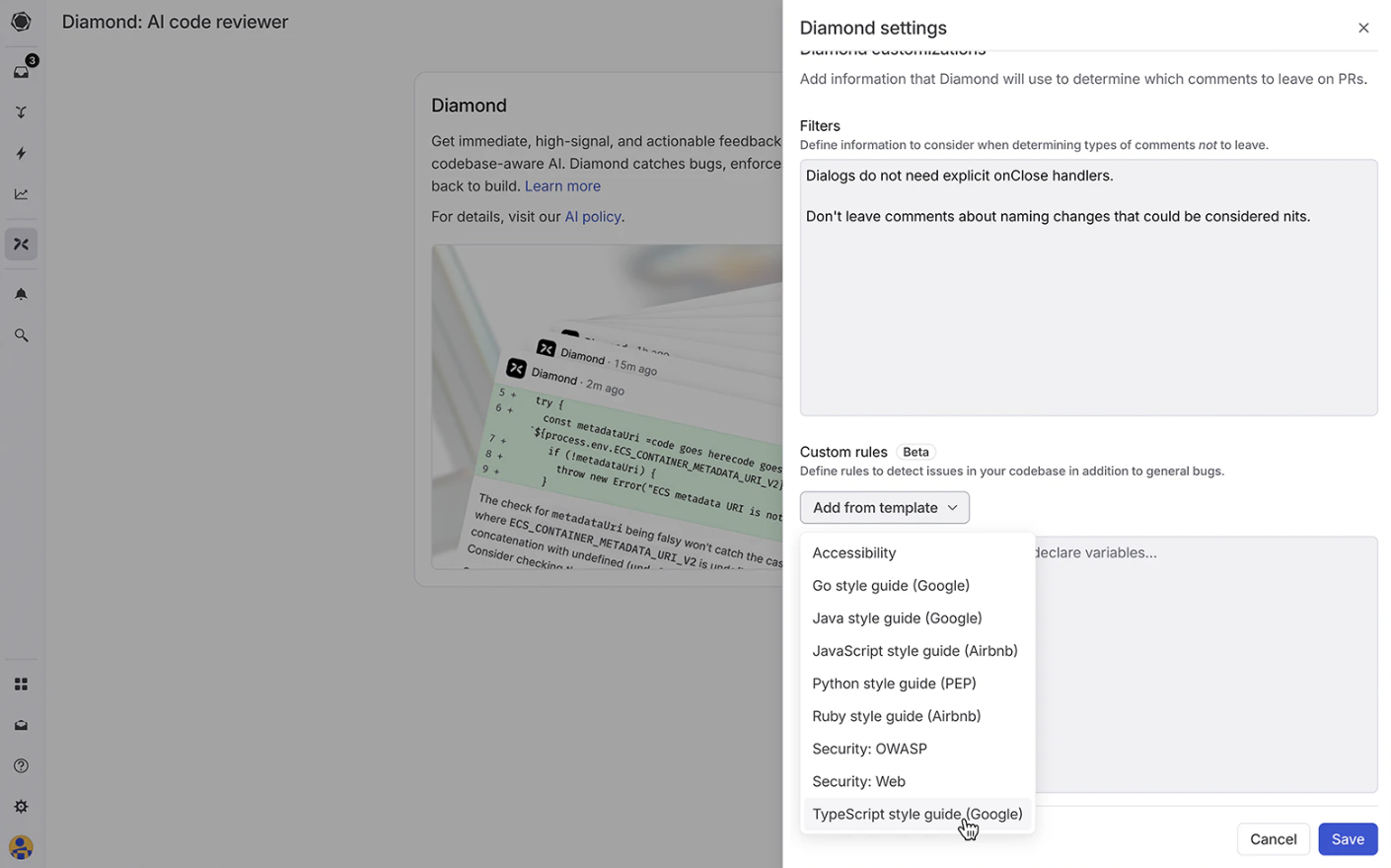 screenshot of Graphite Agent templates
