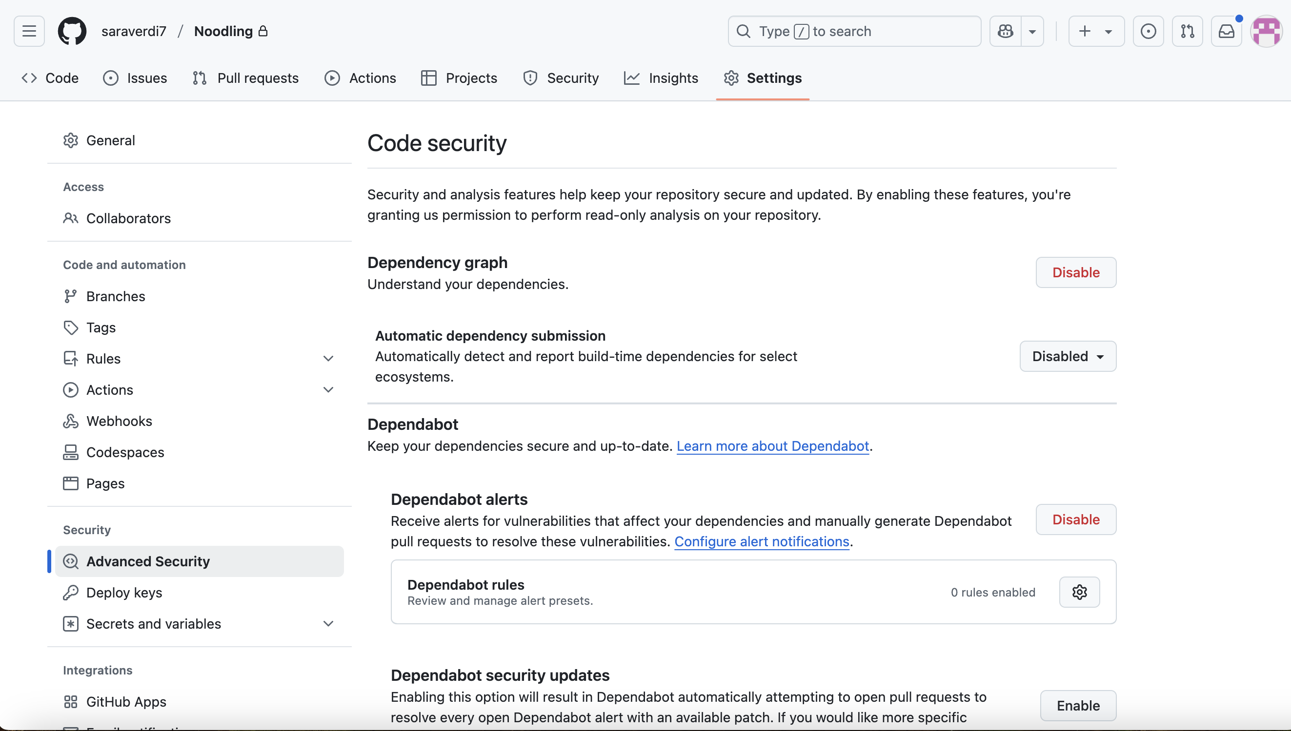 screenshot of GitHub security settings